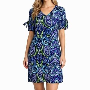 Jude Connally Shift Dress Small Paisley Print Tie Sleeve Stretch Knit Pullover